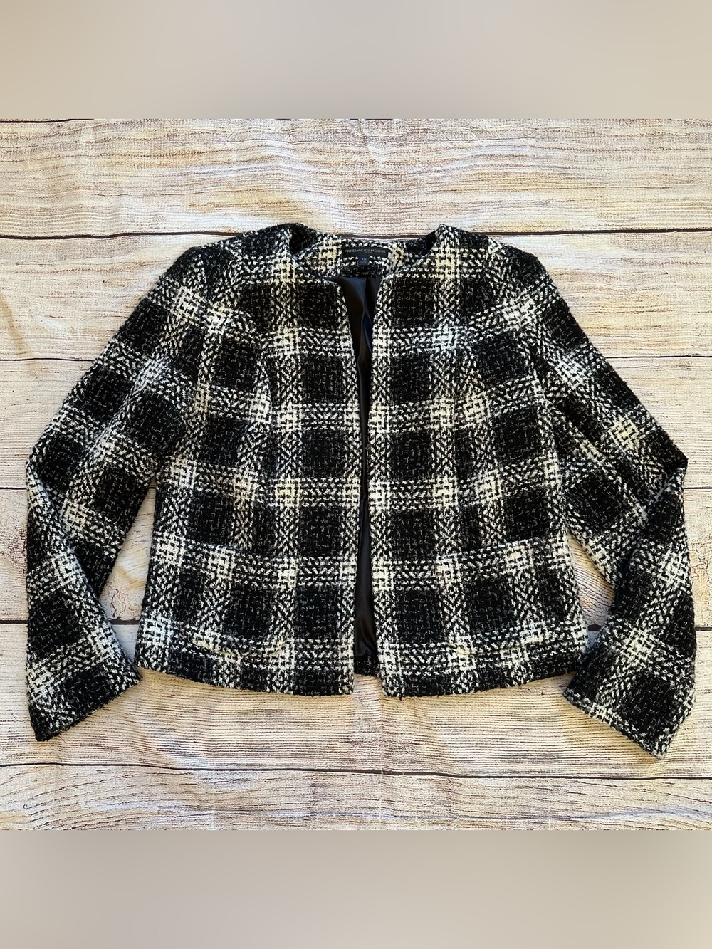 Preswick & Moore Black Ivory Plaid Boucle Tweed Open Blazer Ladies Sz Petite M